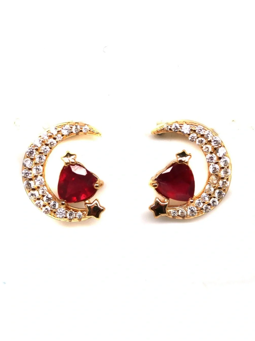 Mystical Waning Crescent Moon Natural .50CT Ruby Stud Earring 18K Yellow Gold