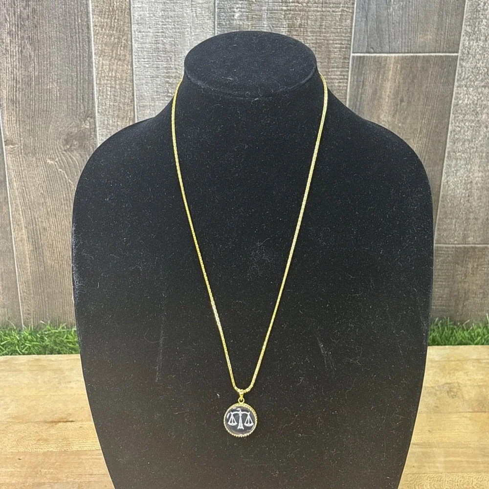 Vintage Libra Zodiac Scales Pendant Necklace gold tone