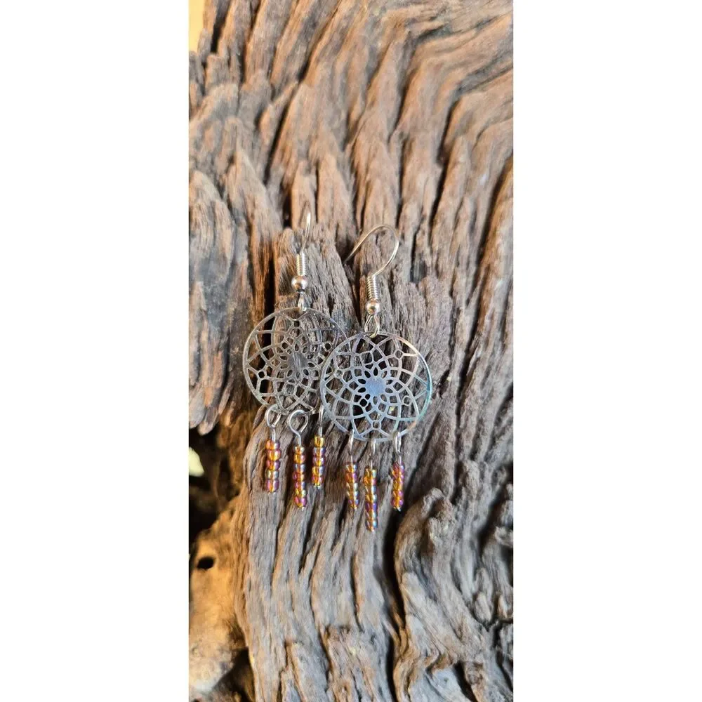 Silver Tone Dreamcatcher Dangle Earrings with Amber Glass Beads | Boho Western