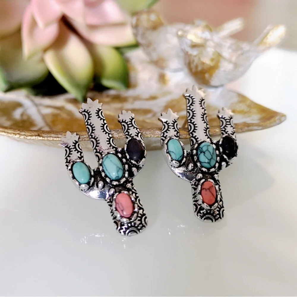 2/$30🌵 Bohemian Pink Turquoise Stone Cactus Earrings Antiqued Southwestern