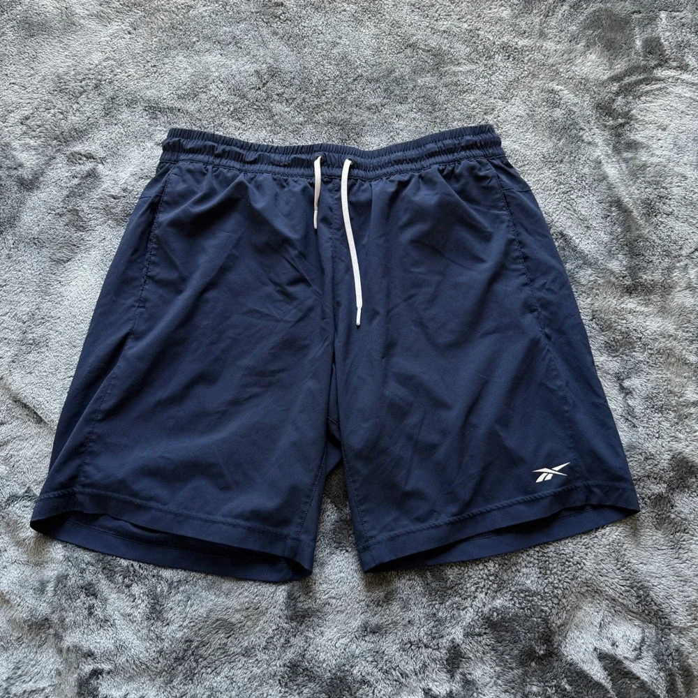 Reebok Mens Navy Blue Athletic Training Gym Shorts Large REECYCLED Drawstring