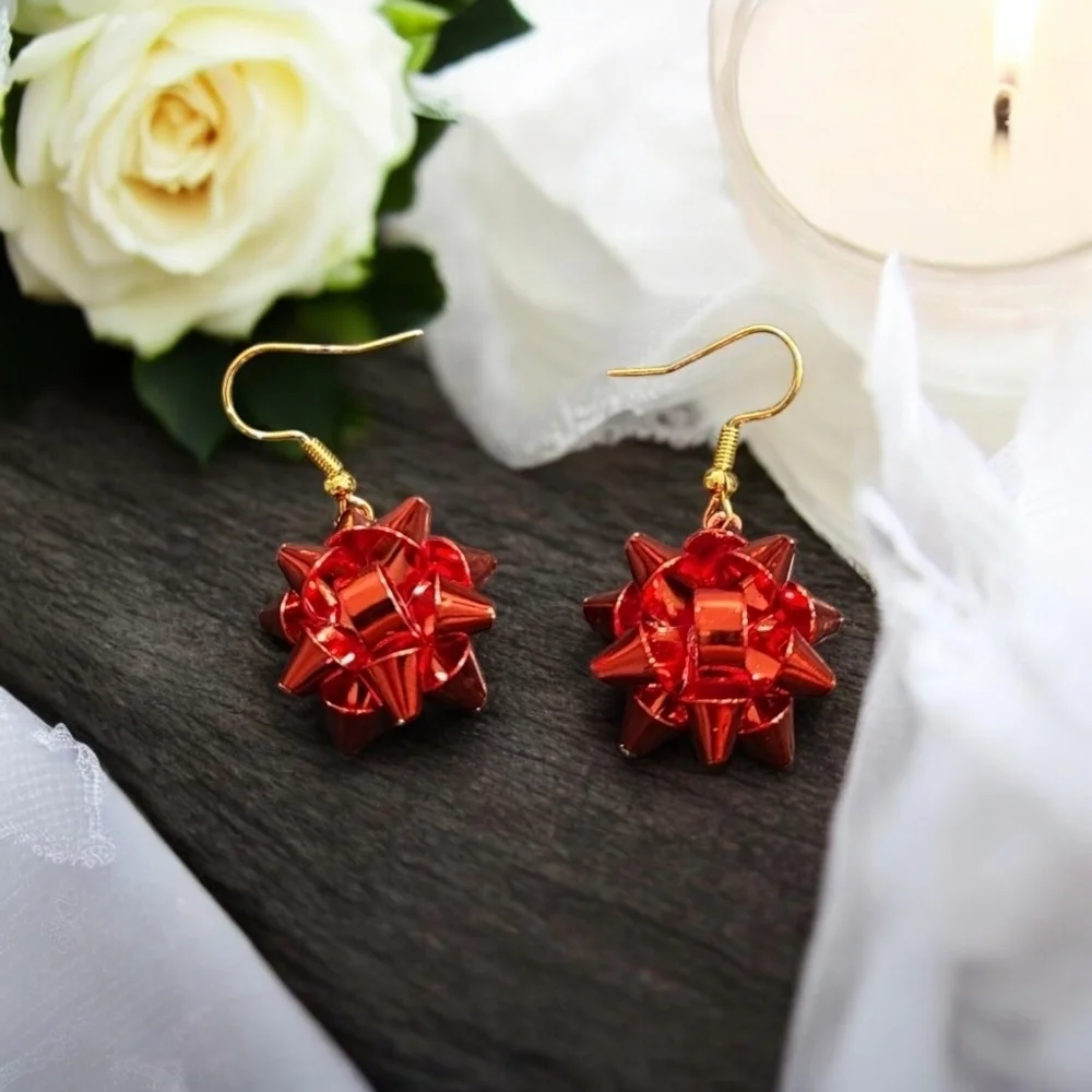 Gold Plated Ribbon Holiday Festive Dangle Earrings