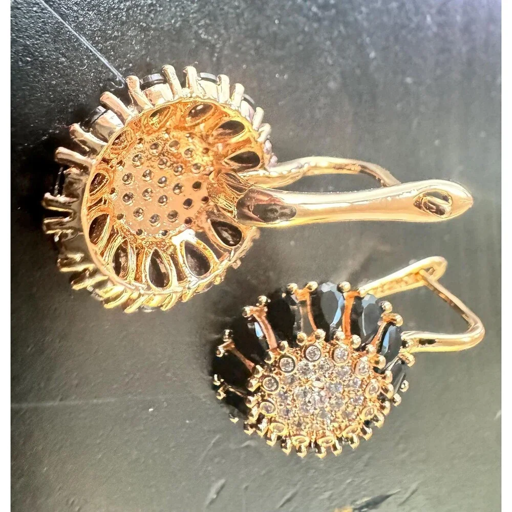 585 14K RG Hallmark Rolled Gold Black Spinel Zircon Sunflower Drop Stud Earrings