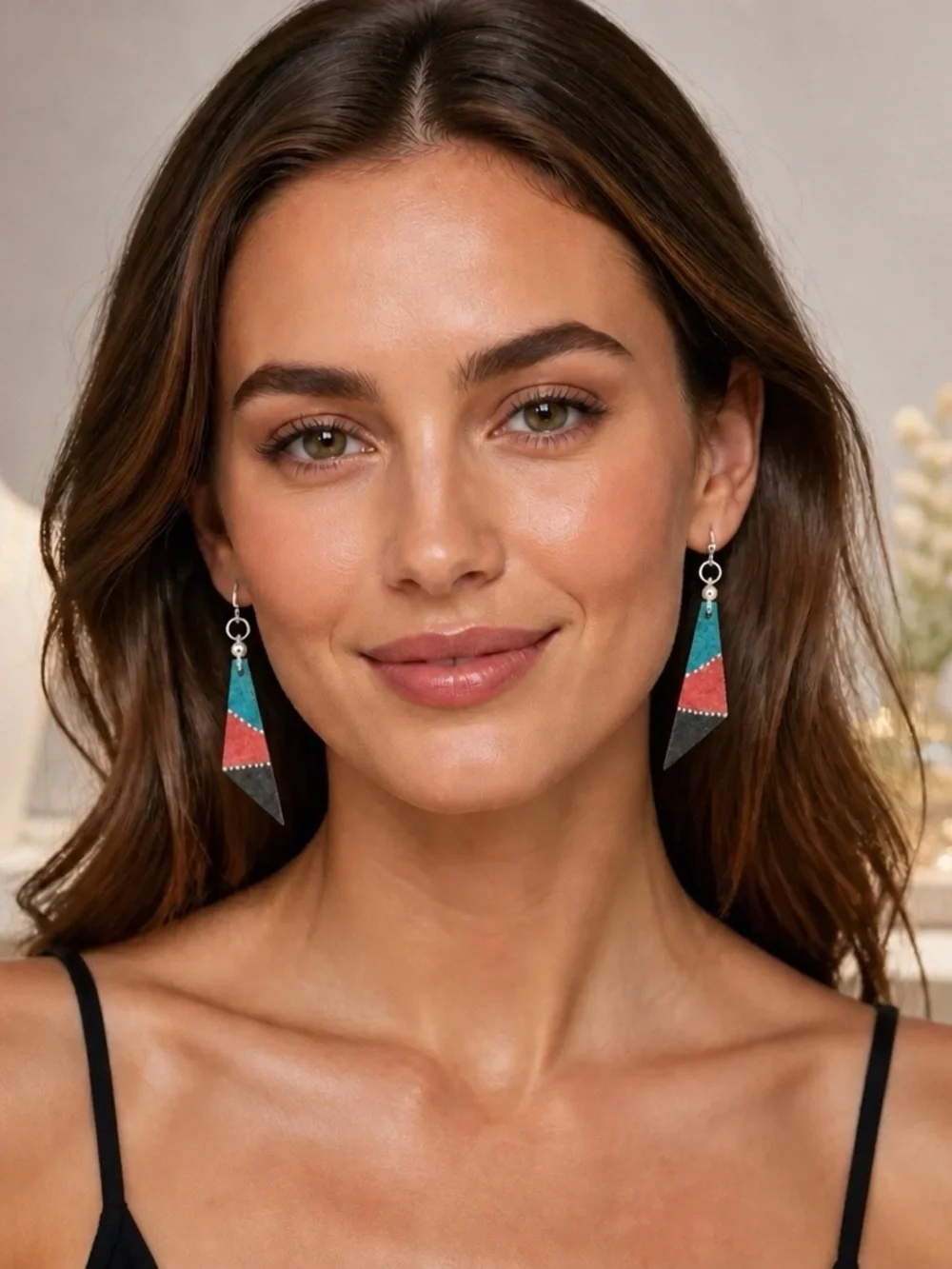 Colorblock Teardrop Dangle Earrings - Turquoise, Coral & Black