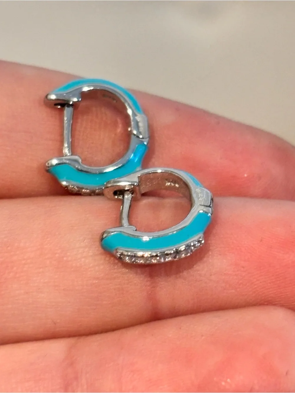 925 Sterling Silver Turquoise Enamel Huggie Hoop Earrings with Crystal Accents