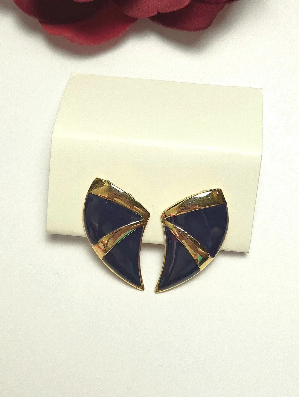 Vintage Monet Gold & Navy Blue Enamel Geometric Earrings Clip on Earrings Signed