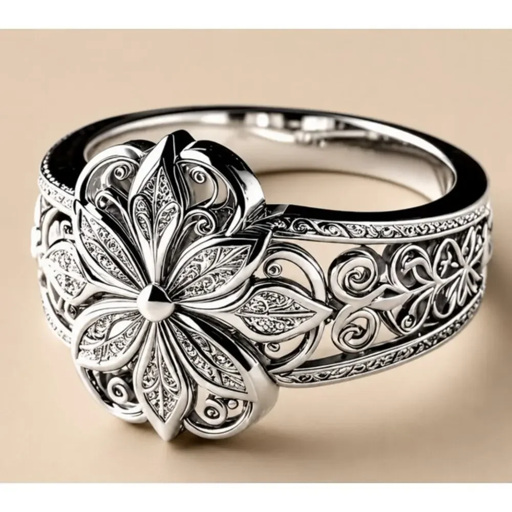 Stainless Steel Floral Ring Size 8.75 Carved Floral Design Thicker Band Pretty