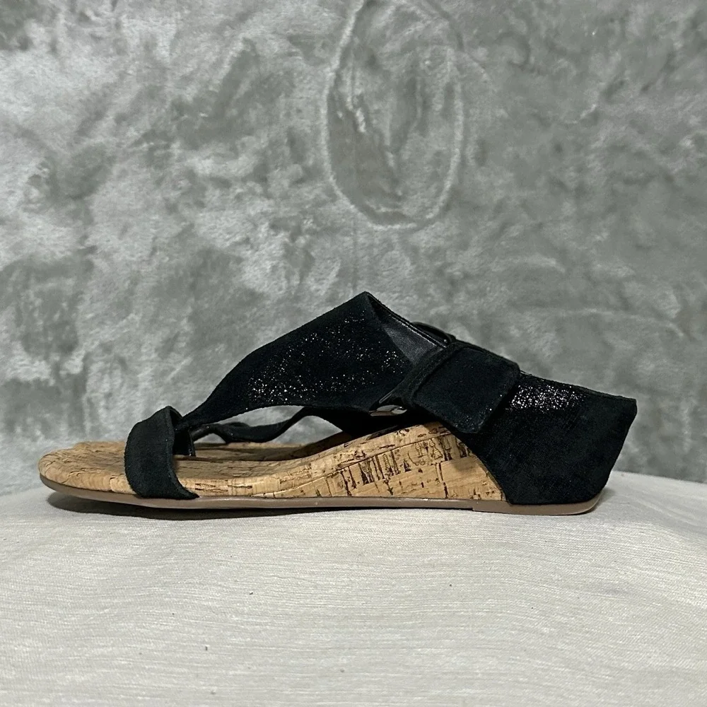 Donald Pliner Donni Metallic Leather Cork Thong Wedge Sandals Womens‎ 7.5M Black