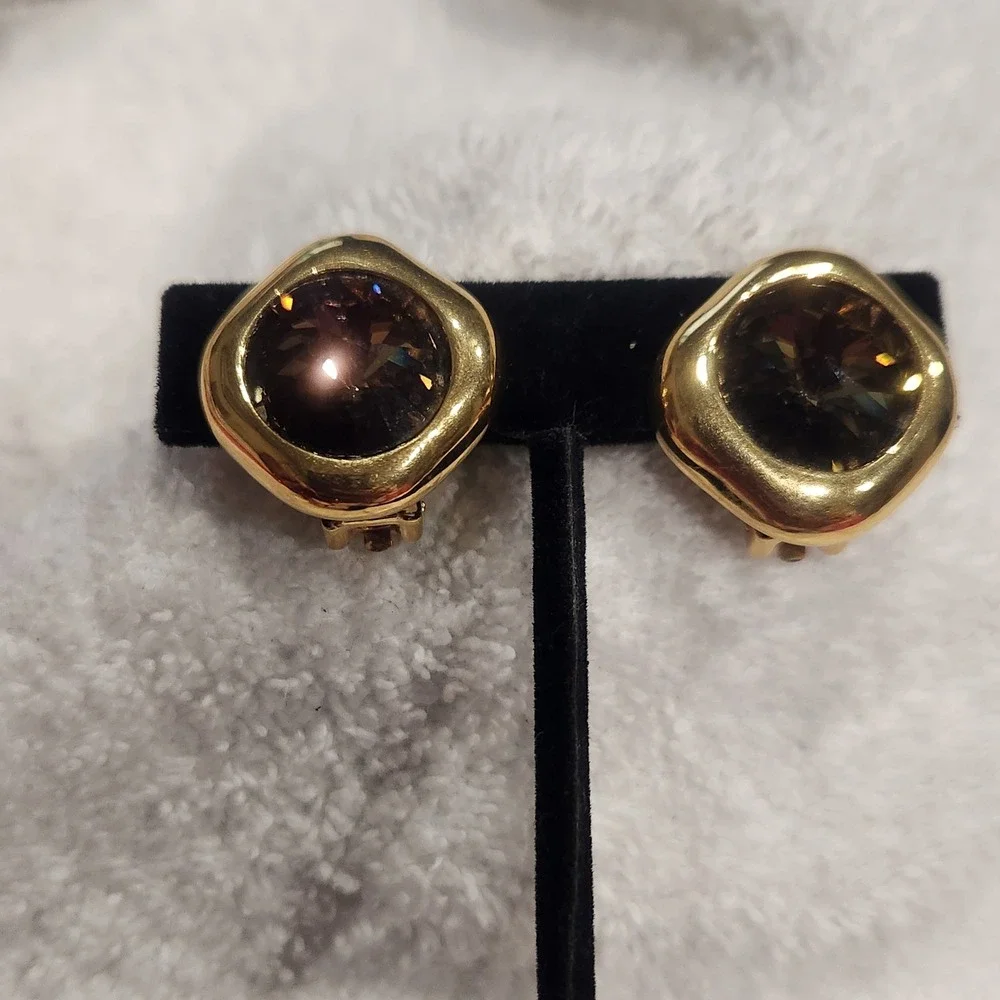 Vintage Georgiou Gold‎ Tone Smoky Brown Crystal Clip On Earrings Chunky Square