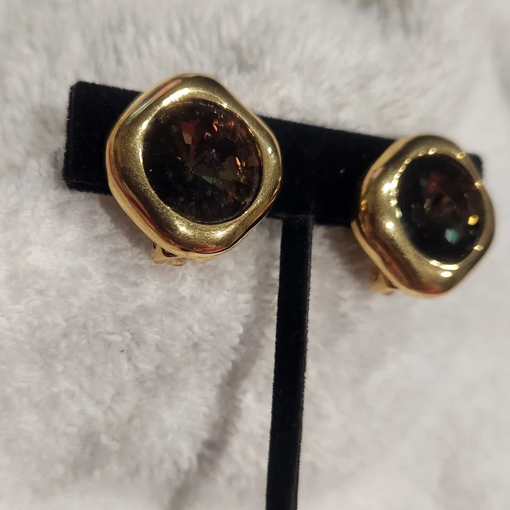 Vintage Georgiou Gold‎ Tone Smoky Brown Crystal Clip On Earrings Chunky Square