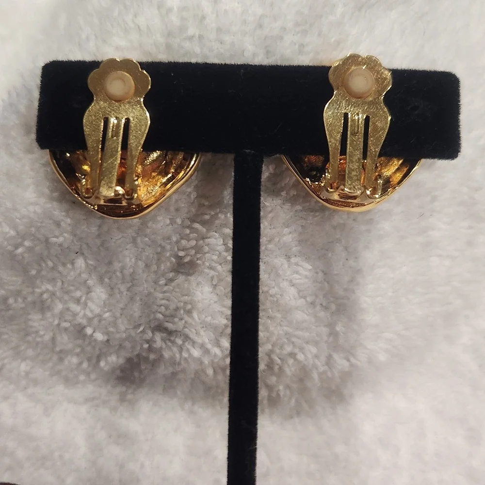 Vintage Georgiou Gold‎ Tone Smoky Brown Crystal Clip On Earrings Chunky Square