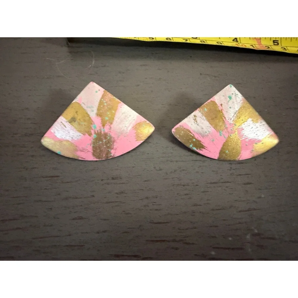Vintage 80s Hand Painted Fan Stud Earrings Pink Gold Silver Geometric Statement