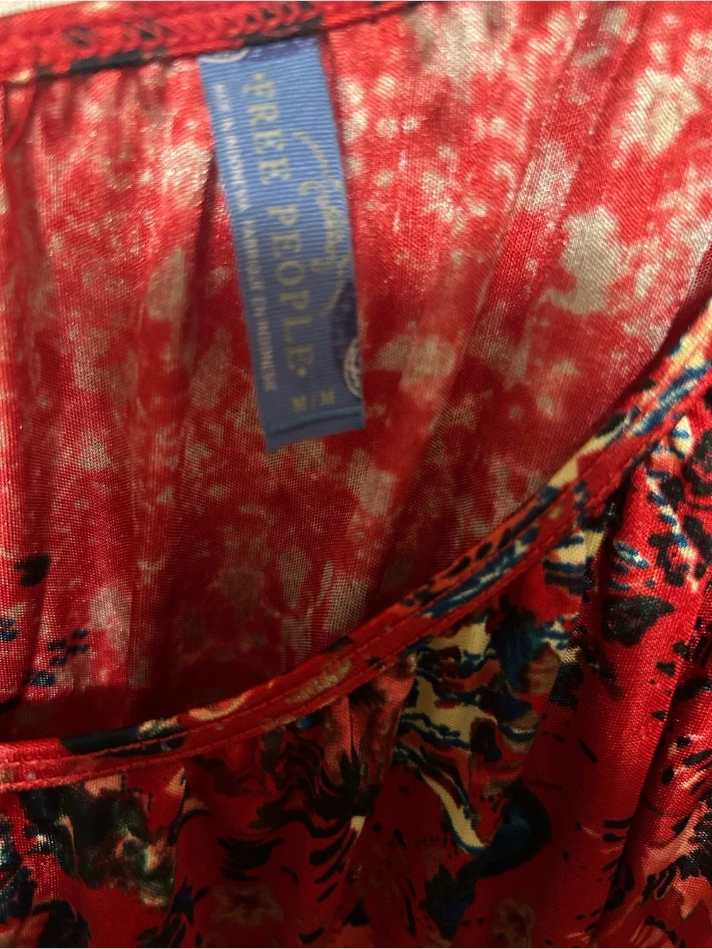 Free People Red Floral Tiered Tunic Top with Blue Accents