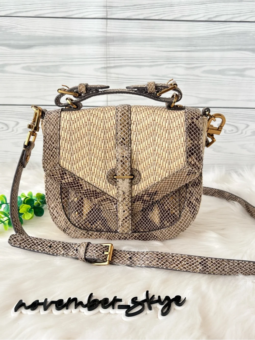 Tory Burch 797 Medium‎ Natural Raffia Snakeskin Print Flap Satchel Shoulder Bag.