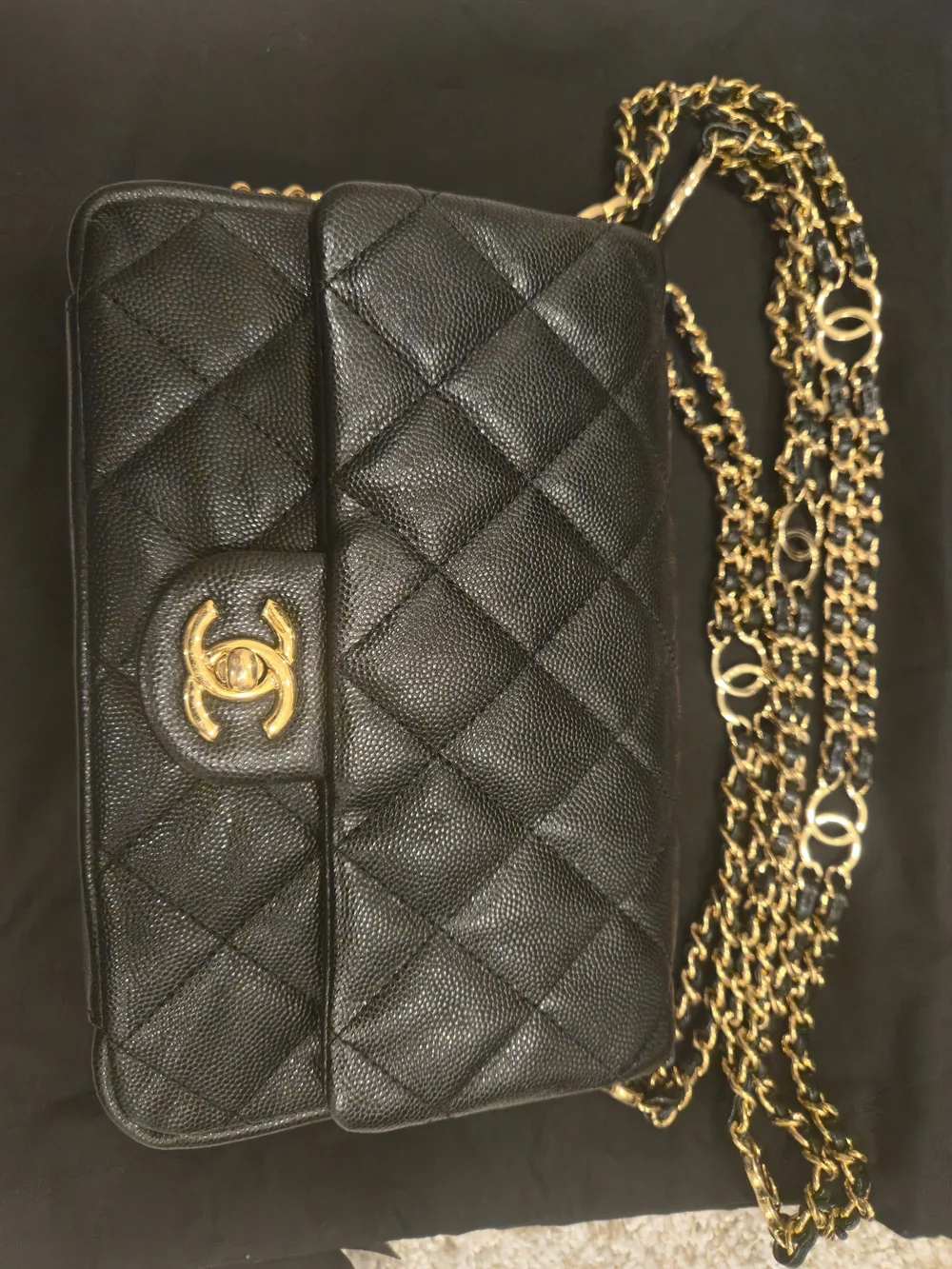 CHANEL Black Mini Flap 2022/2023 Cruise Calfskin CAVIER GRAINED Goldtone Hardwar