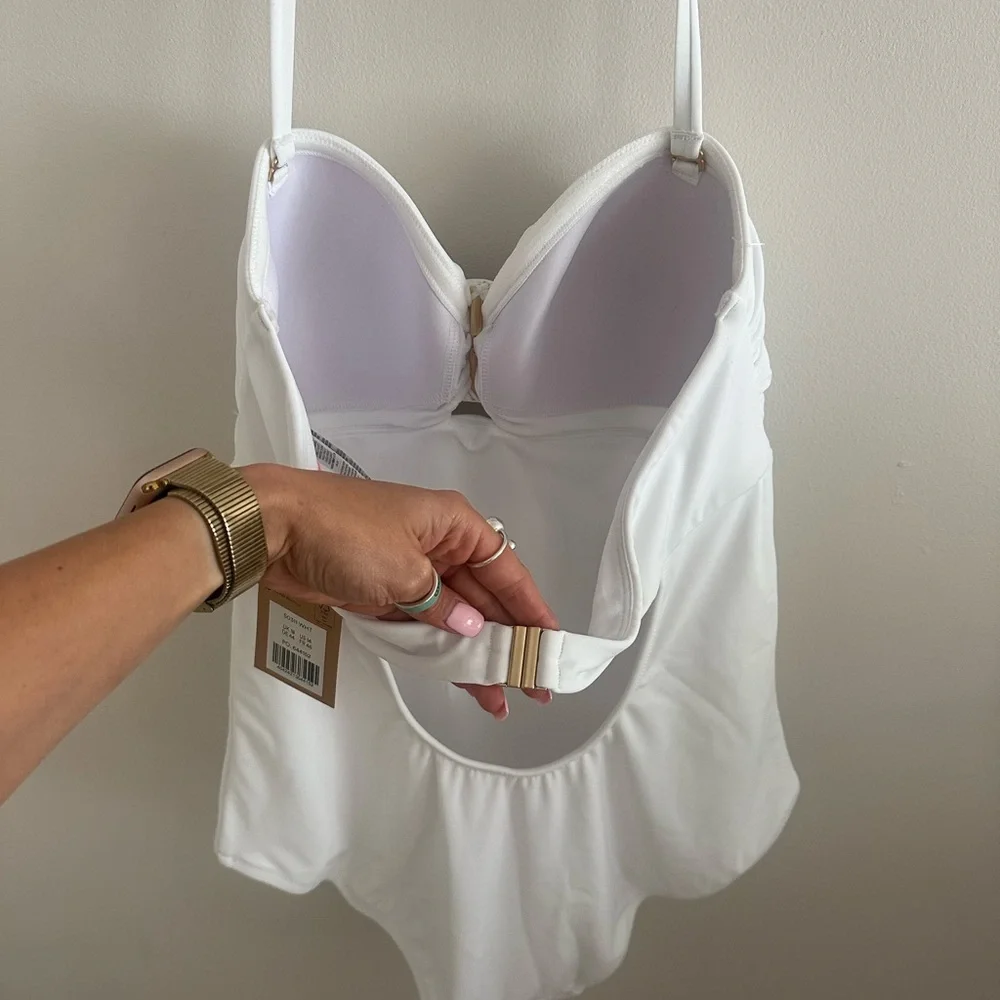 NWT Boden white wrap buckle bandeau halter one piece swimsuit sz 14 bachelorette
