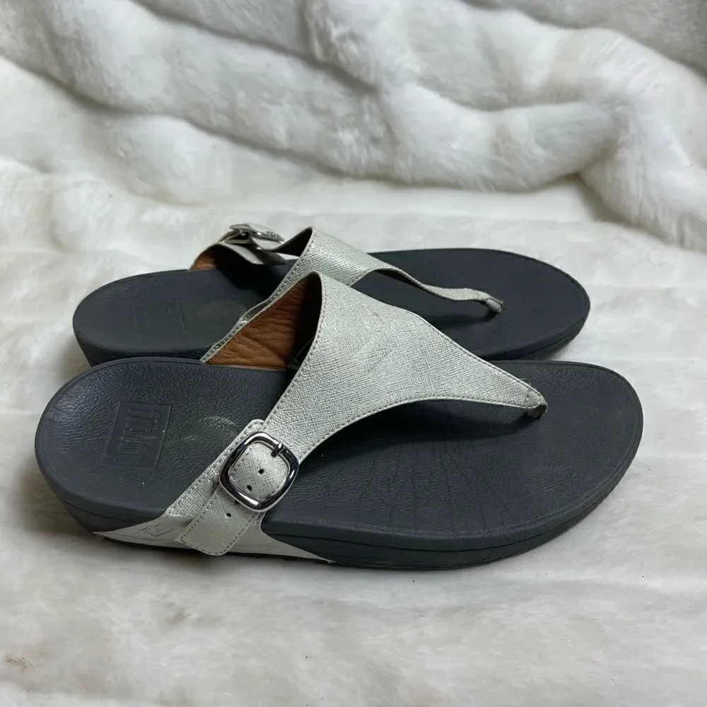 Fitflop white iridescent thong wedge sandals with side adjustable buckle size 9