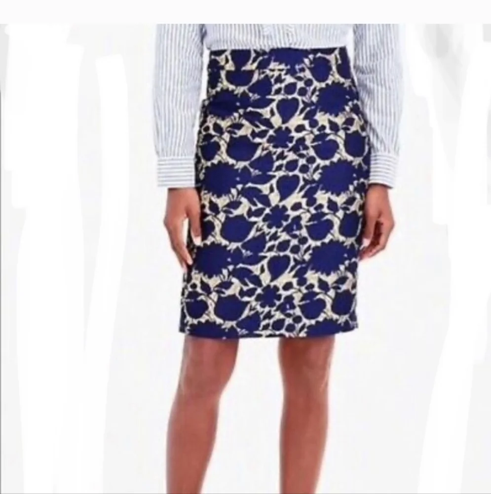 JCrew Navy &‎ Gold Brocade Wool Floral Skirt 16 Holiday Festive Party Preppy