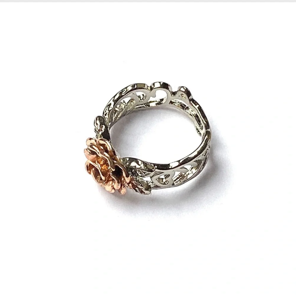 Sterling Silver Rose Ring Rose Gold Plated Flower Open Scrollwork Size 6 1/2