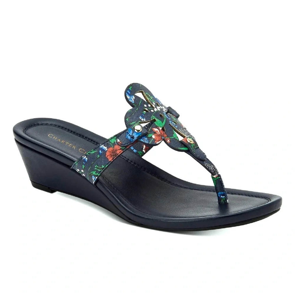 Charter Club Penelopee Wedge Slide Sandals Navy Floral Size 10