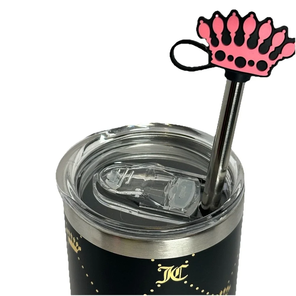Juicy Couture Crown Monogram Stainless Steel Tumbler Pink Straw 24 Oz