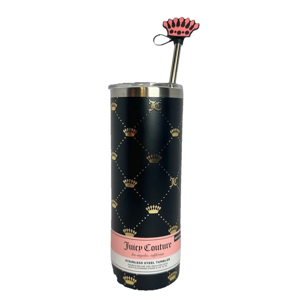 Juicy Couture Crown Monogram Stainless Steel Tumbler Pink Straw 24 Oz