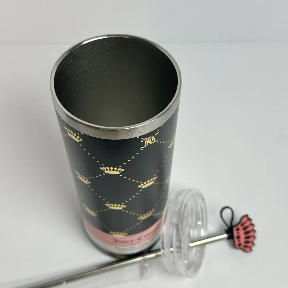 Juicy Couture Crown Monogram Stainless Steel Tumbler Pink Straw 24 Oz