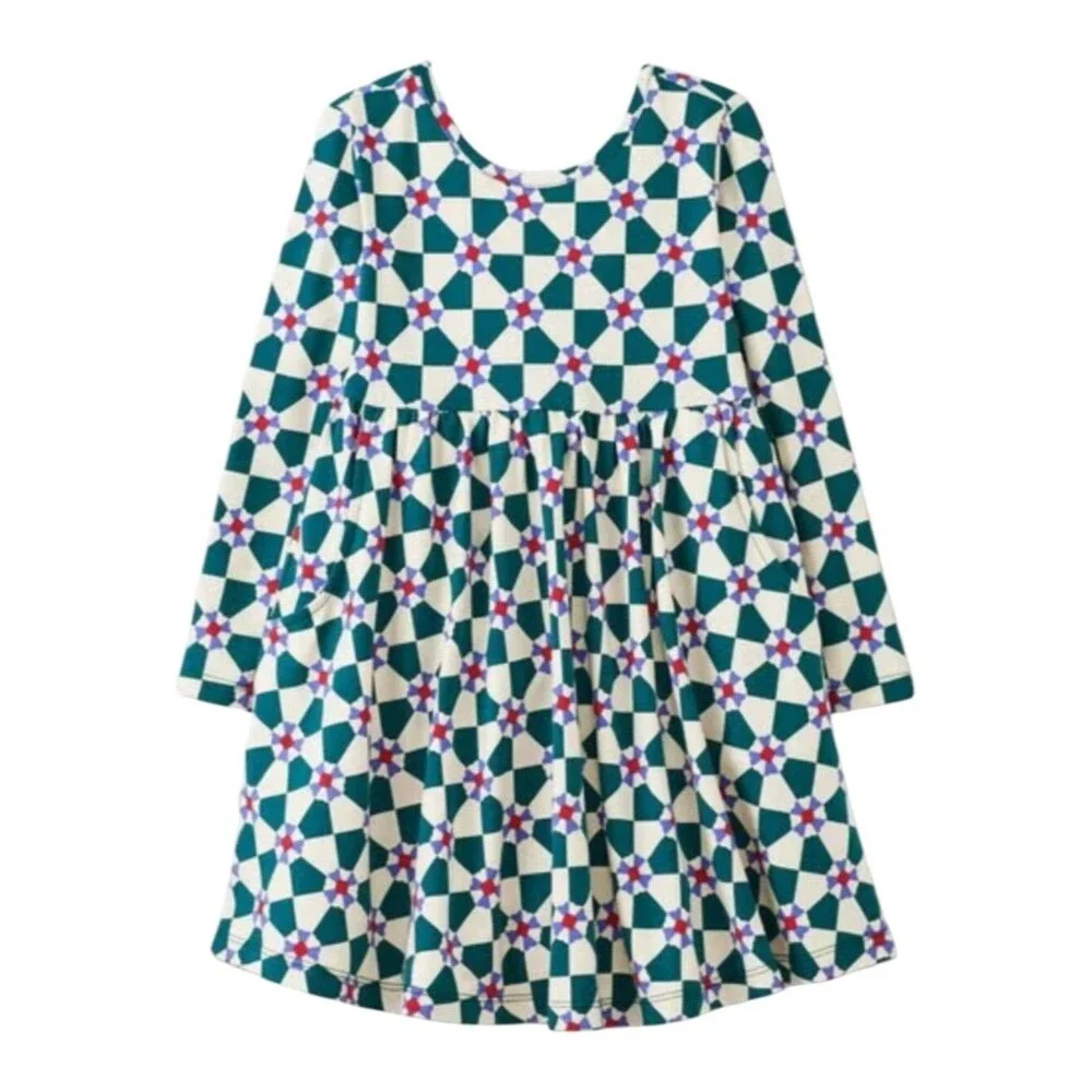 Hanna Andersson Kids Long Sleeve Skater Dress Pockets Green Peppermint Swirl 10