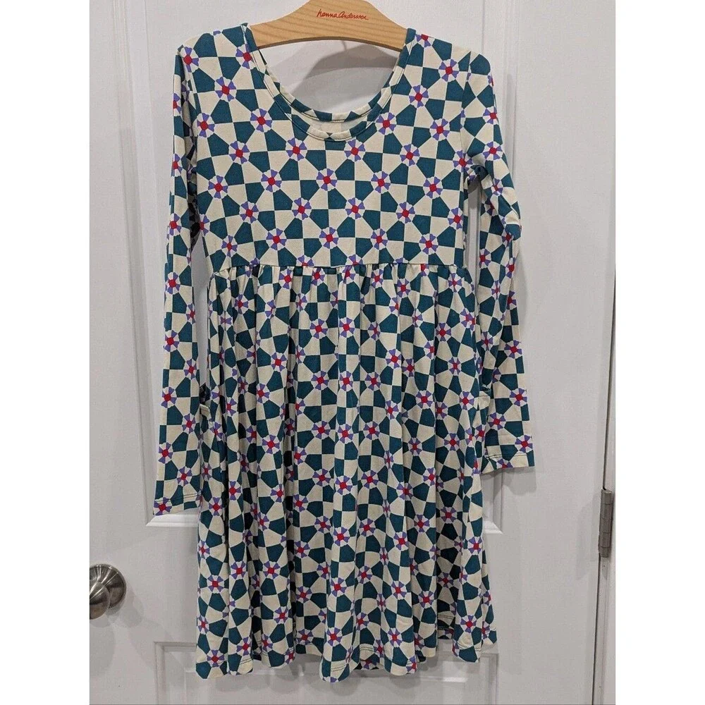 Hanna Andersson Kids Long Sleeve Skater Dress Pockets Green Peppermint Swirl 10