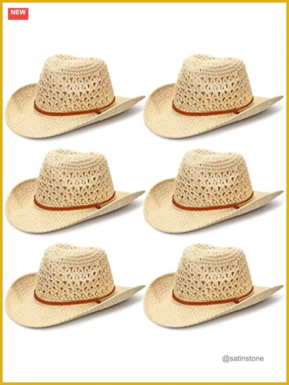 6 Pack Western Straw Cowboy Sun Hats with Chin Strap Wide Brim