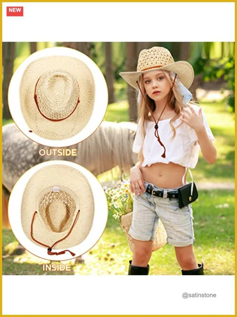 6 Pack Western Straw Cowboy Sun Hats with Chin Strap Wide Brim