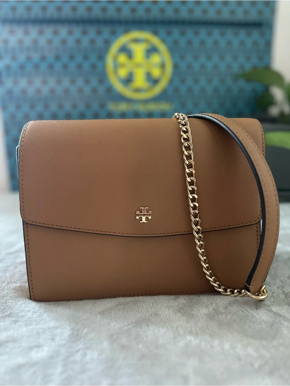 Tory Burch Tan Leather Crossbody with Gold Chain