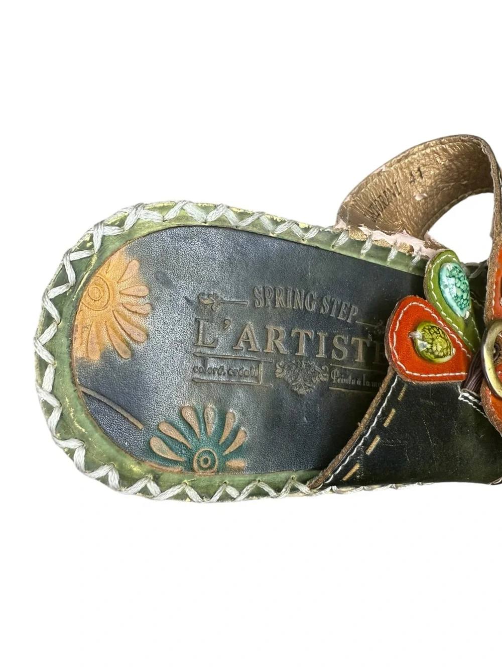 L'ATISTE Green Leather Boho Sandals with Orange Floral Accents