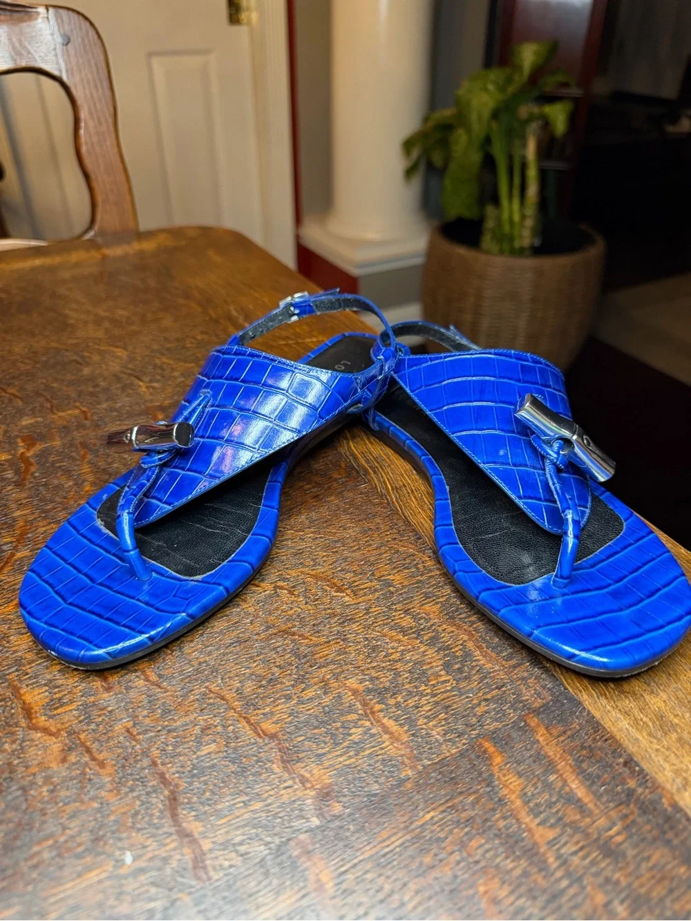 Longchamp Blue Croc Embossed Le Roseau Bamboo Toggle Sandals Size 37