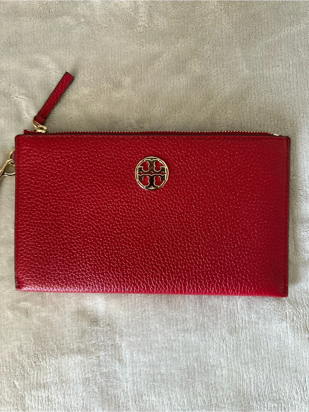 Tory Burch Red Pebbled Leather Wristlet with Gold Logo