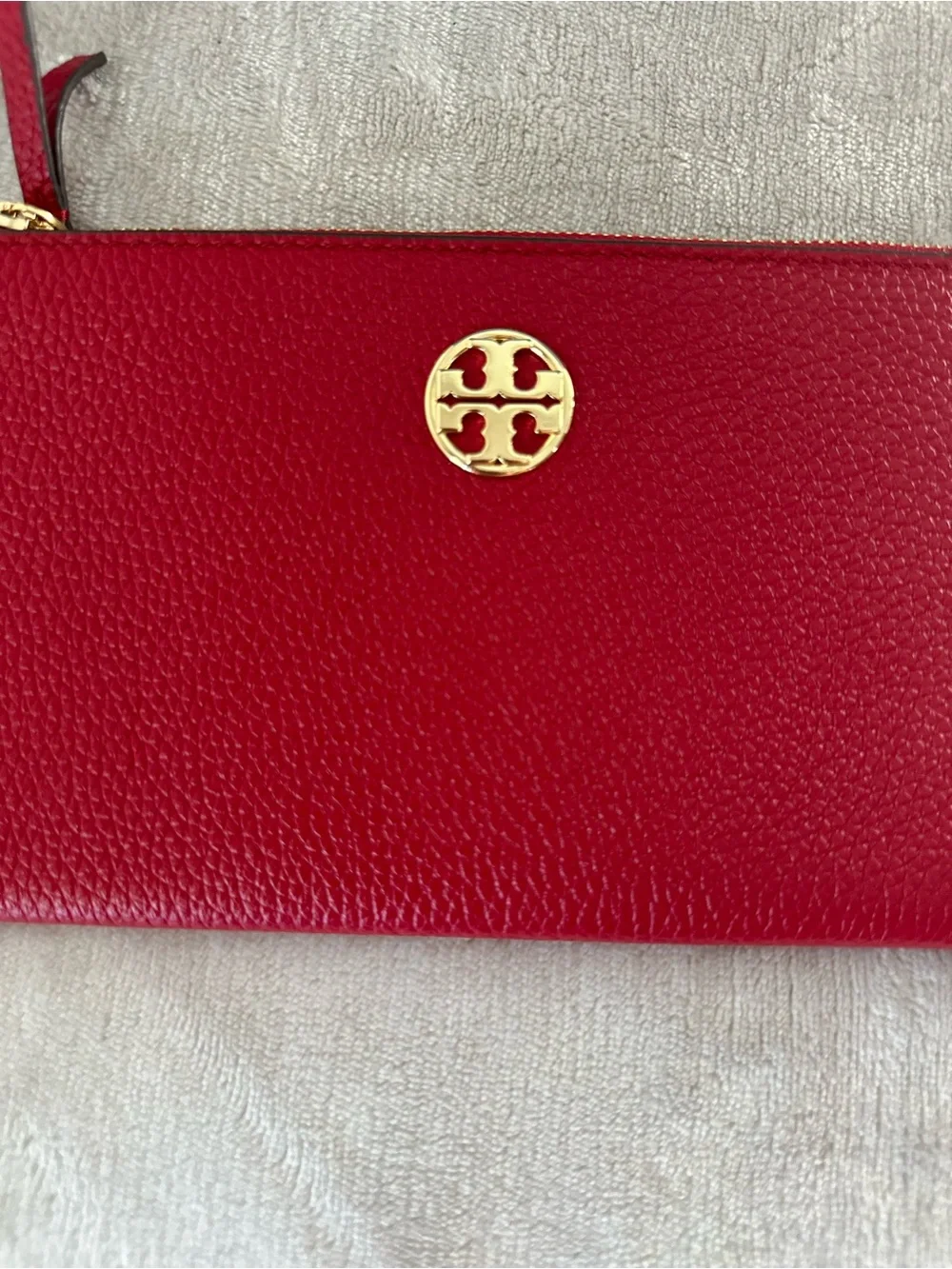 Tory Burch Red Pebbled Leather Wristlet with Gold Logo