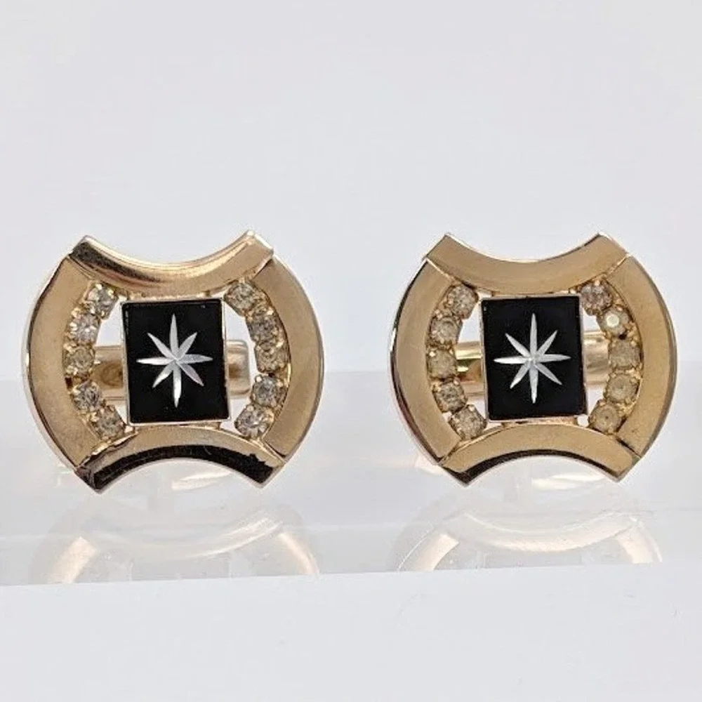 Vtg Atomic Starburst Cufflinks MCM Gold Tone Black Enamel Rhinestone Pat 2974381
