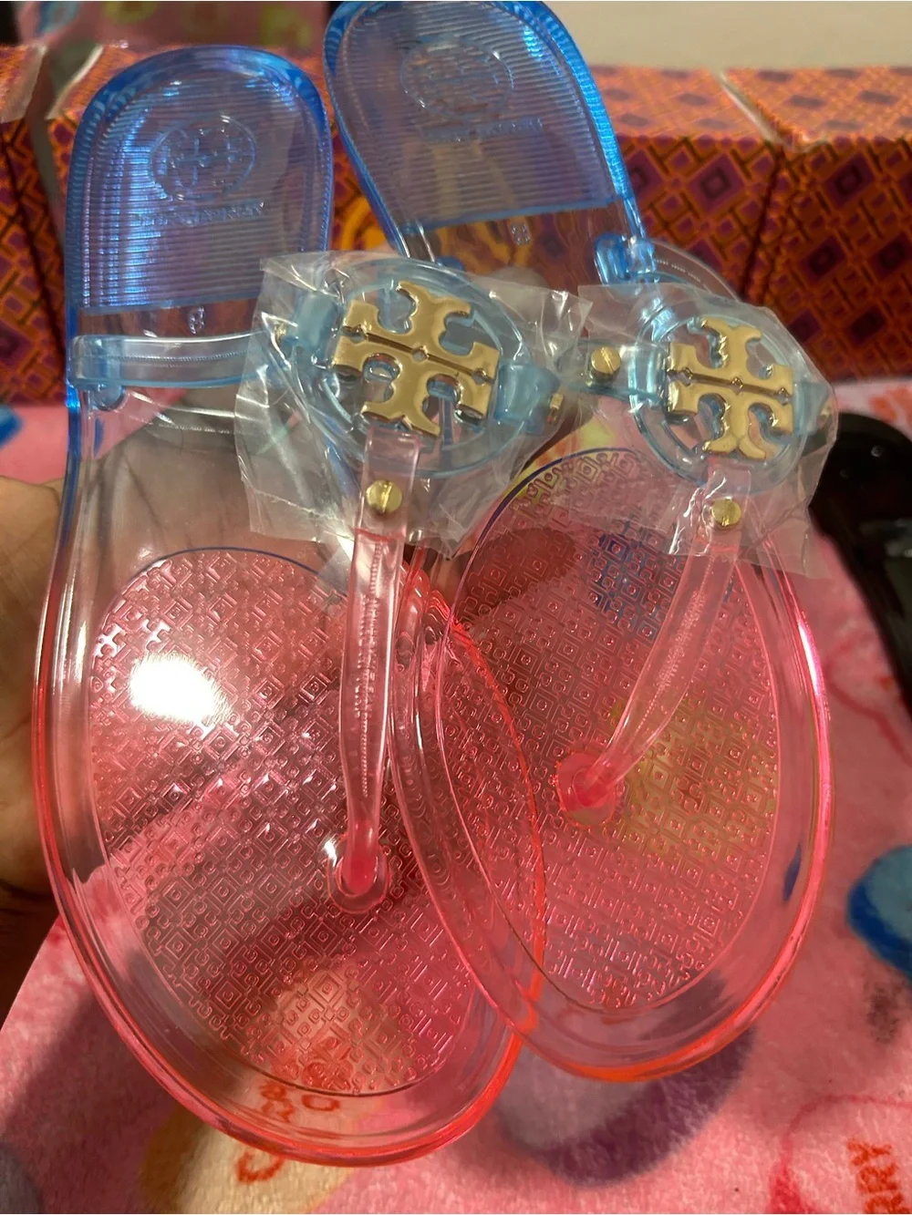 Tory Burch Clear Pink Jelly Logo Thong Sandals