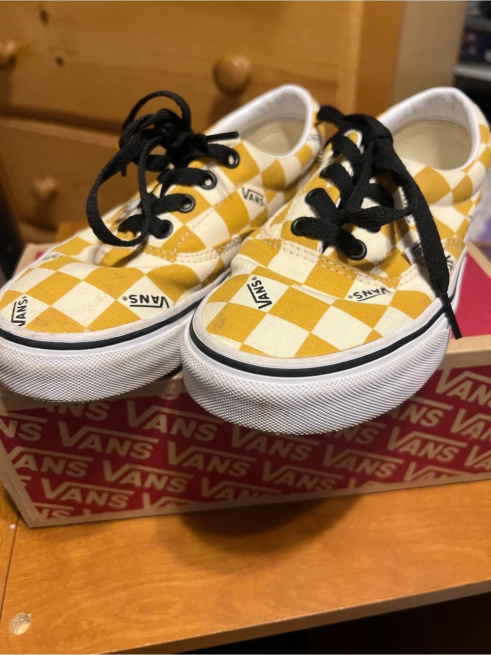 Vans Kids Checkerboard Lace-Up Sneakers in Yellow and White with Black Laces