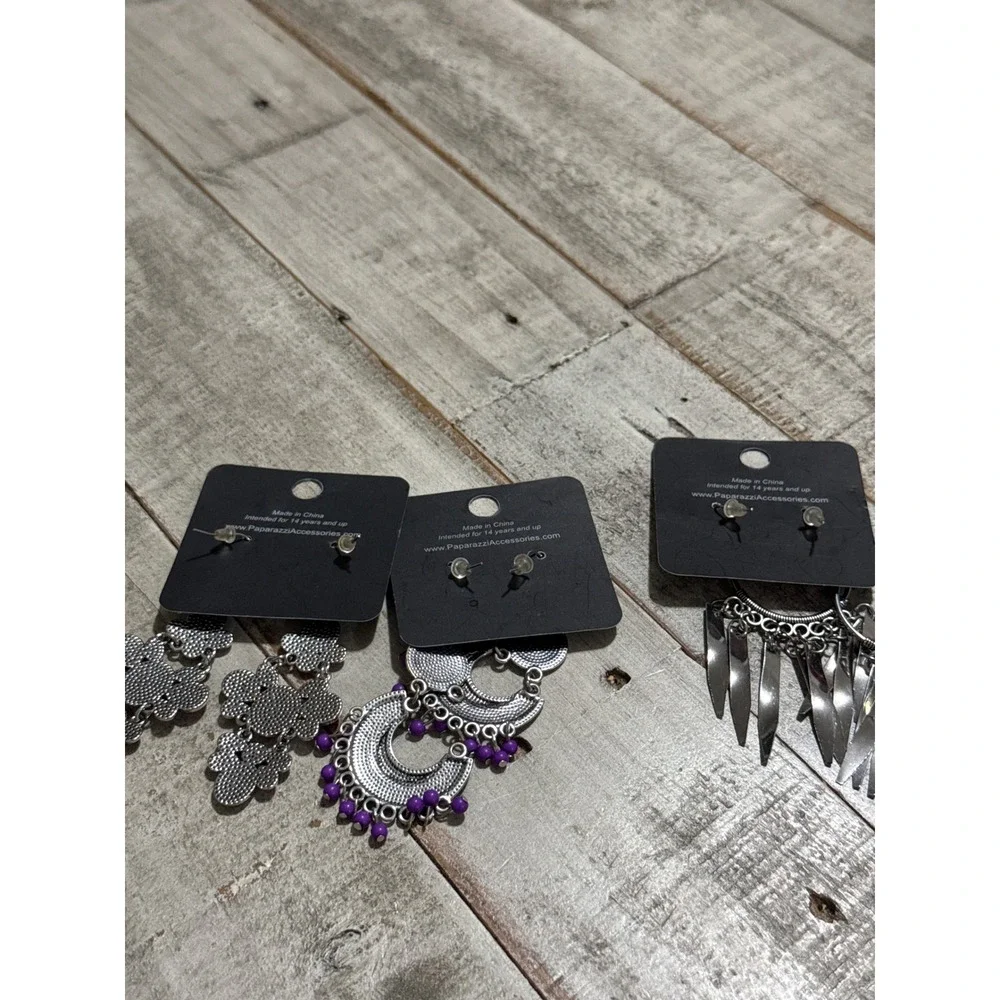 Paparazzi Statement Earrings Lot 3 Pairs Silver Tone Pink Purple Boho Dangle