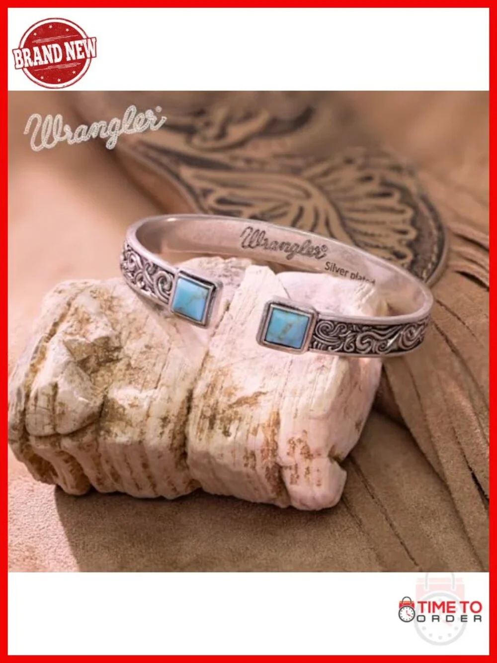 Western Turquoise Cuff Bracelet Silver Plated Carved Floral Adjustable Open