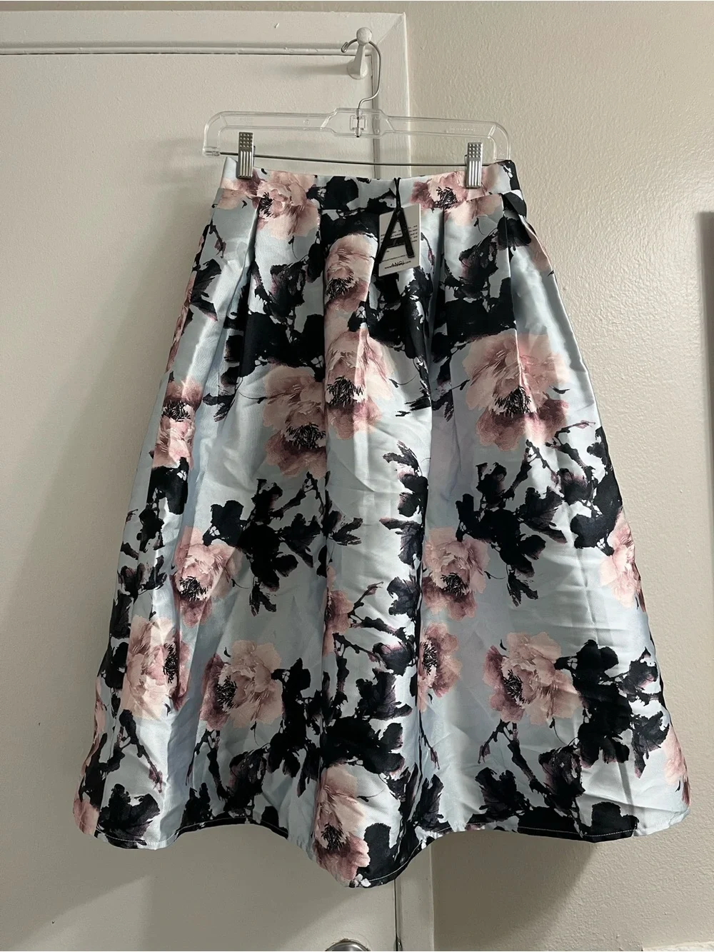 ANGL Floral Midi Skirt in Light Blue, Pink and Black