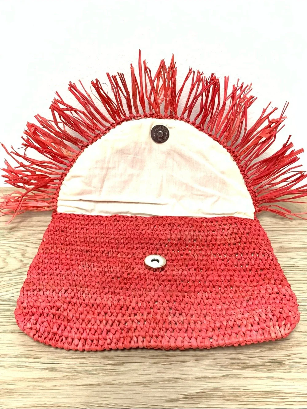Mar y Sol Coral Raffia Crochet Fringe Clutch Handmade Woven Envelope Purse