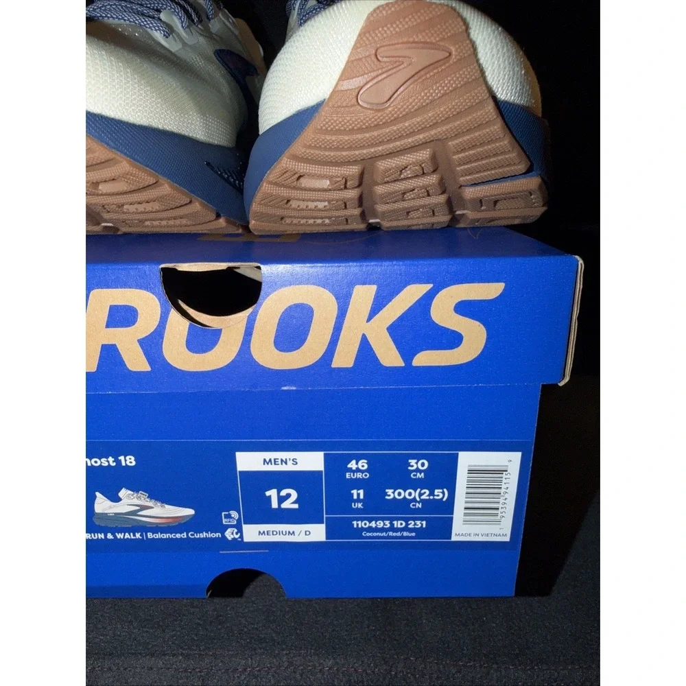 Brooks Ghost 18 Mens B Narrow Coconut/Red/Blue USA Mens Size 12