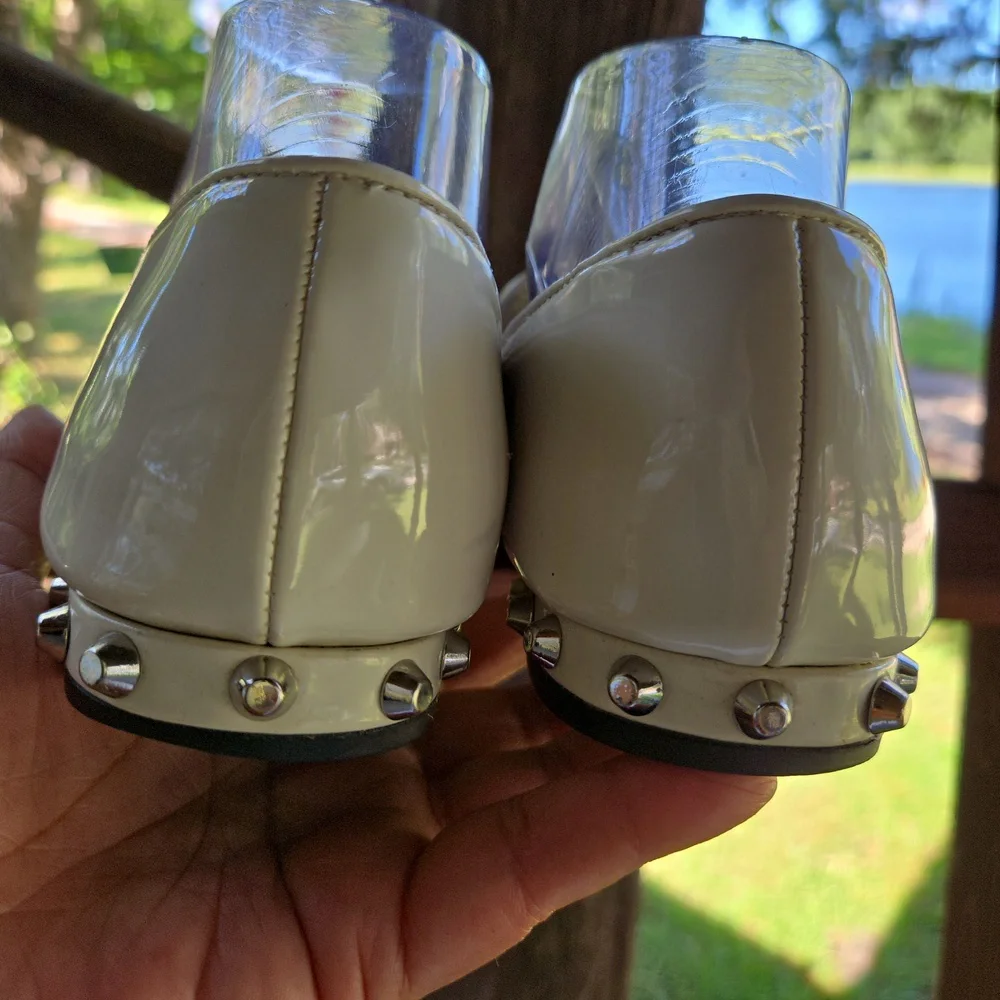 Marc Fisher Abree2 Cream Patent Leather Silver Studded Smoking Shoe