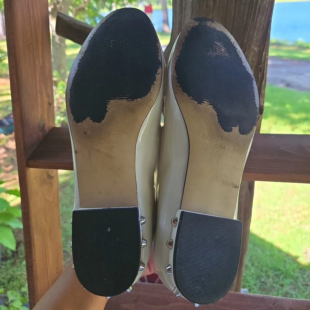 Marc Fisher Abree2 Cream Patent Leather Silver Studded Smoking Shoe