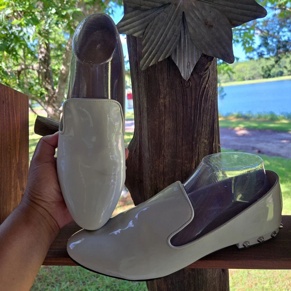 Marc Fisher Abree2 Cream Patent Leather Silver Studded Smoking Shoe