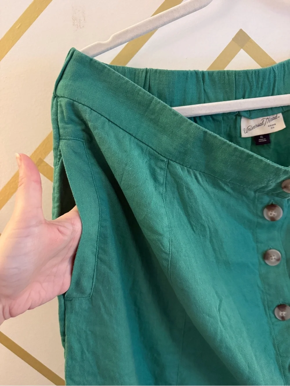 Green Linen Buttoned Midi Skirt w/ Pockets