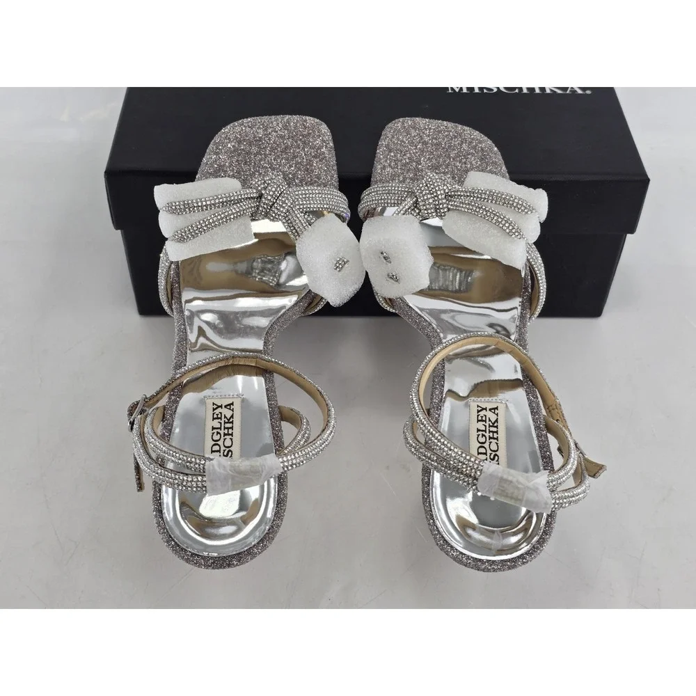 Badgley Mischka Effie Bow Stiletto Heel Sandals Women's Silver Antique Sz 9 NIB