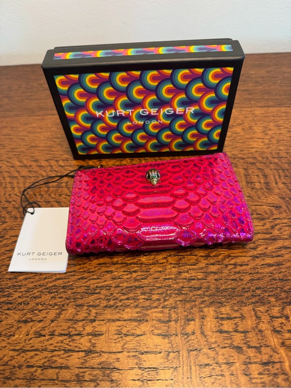 NWT Kurt Geiger London  Chelsea Fold Wallet - Fuchsia Snake Print